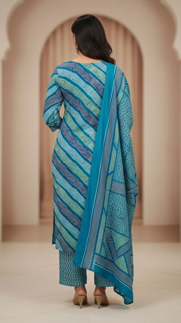 Firozi Color Cotton Fabric Stylish And Trendy Kurta Set For Ethnic Girls