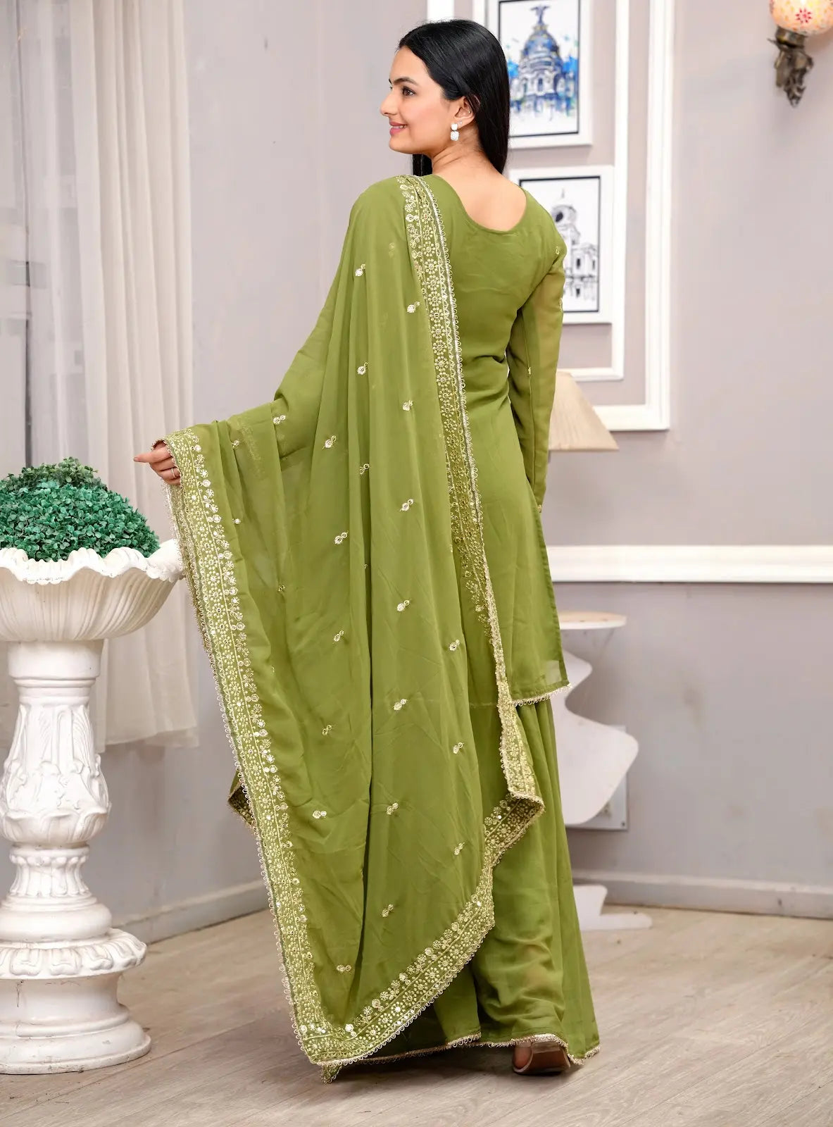 Women's Gorgeous Heavy Embroidery Fox Georgette Fabric Straight Kurta Sharara and Dupatta Set