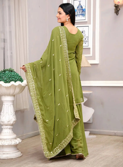 Women's Gorgeous Heavy Embroidery Fox Georgette Fabric Straight Kurta Sharara and Dupatta Set