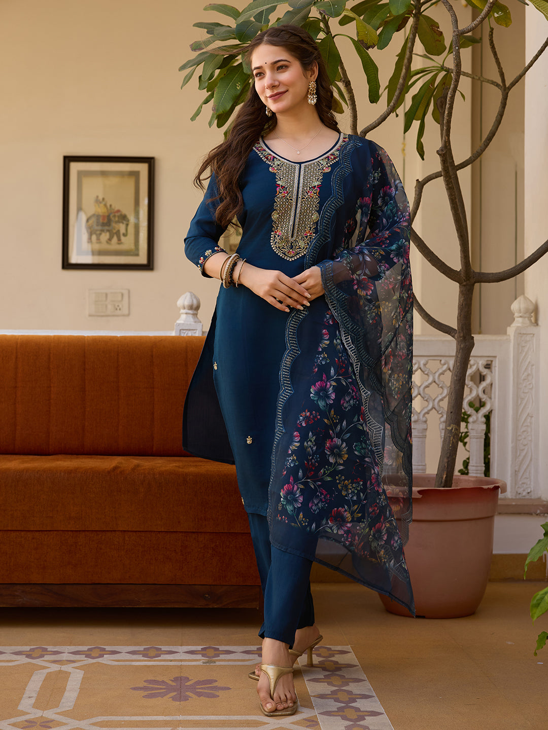 Viscose Chanderi Fabric Straight Kurta, Pant and Dupatta Set