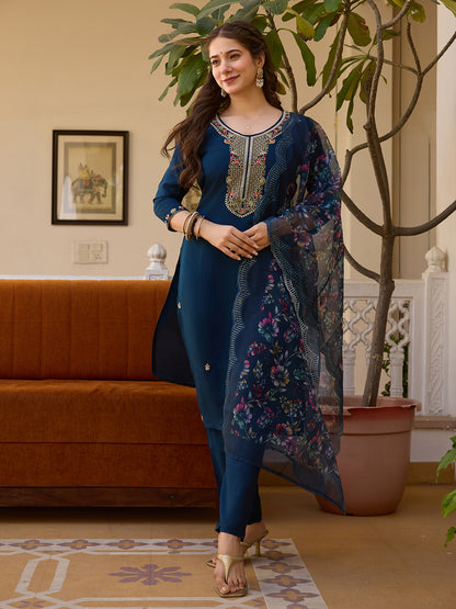 Viscose Chanderi Fabric Straight Kurta, Pant and Dupatta Set