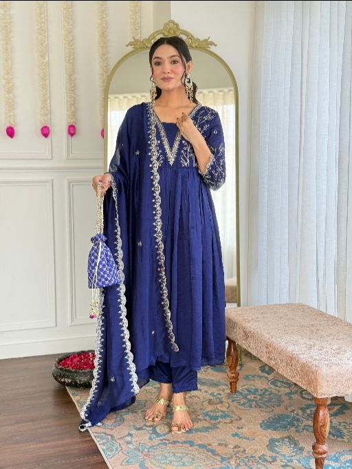 Women Beautiful Embroidery Vichitra Silk Fabric with Flared Kurta, Pant and Dupatta Set