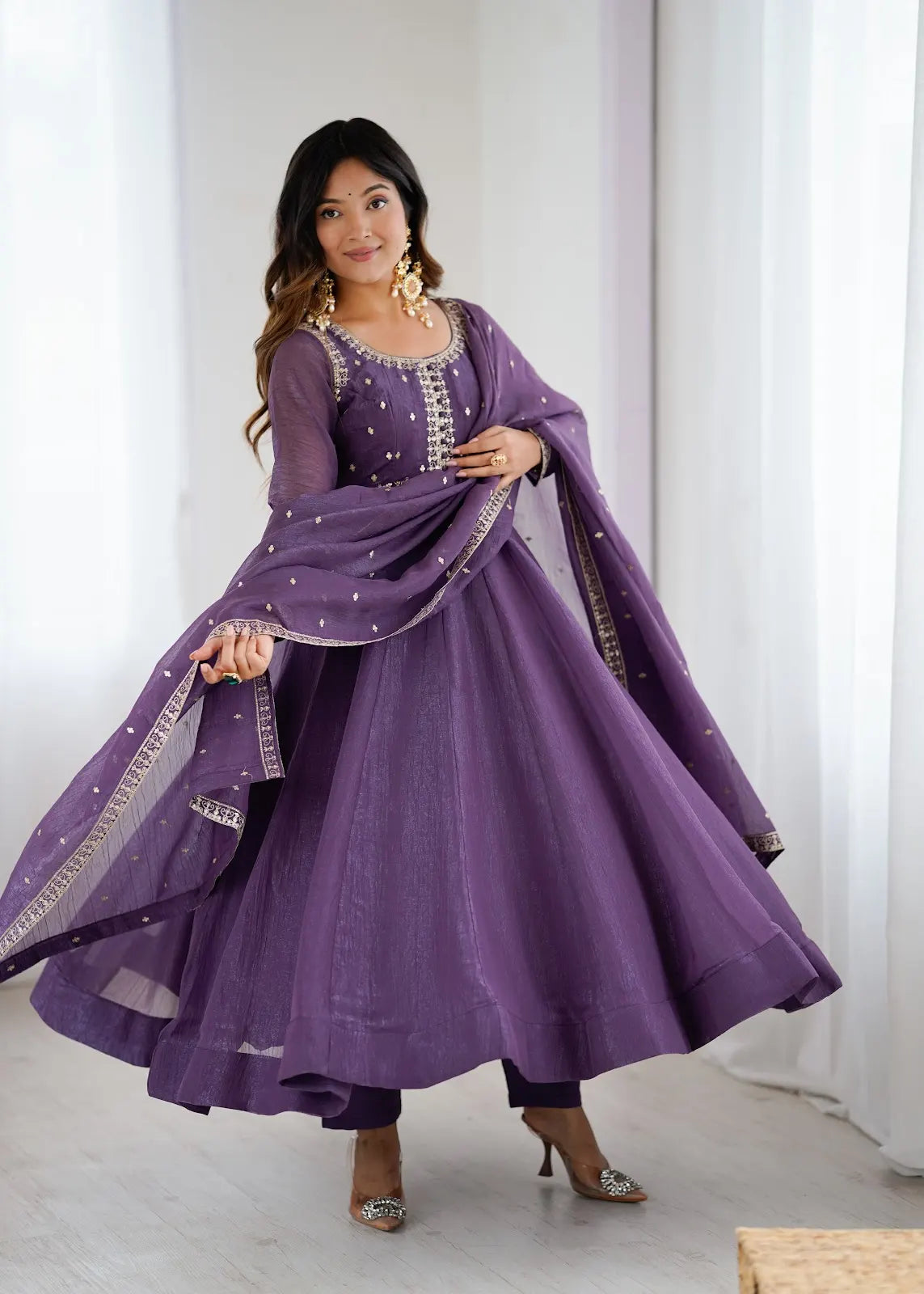 Women's Beautiful Embroidery Work Crunchy Silk Fabric Flared Anarkali Pant and Dupatta Set