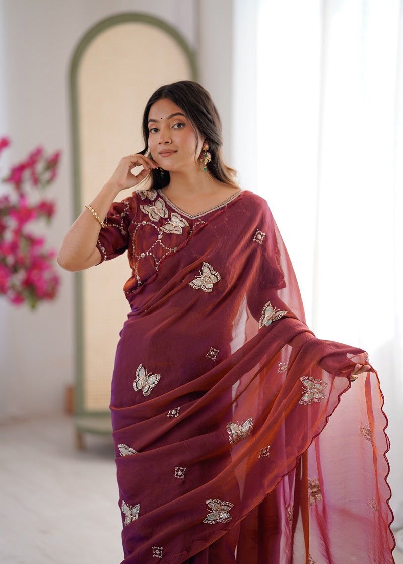 Rust Heavy Fendy satin With Butterfly Embroidered Beads Work saree With Unstitched Blouse