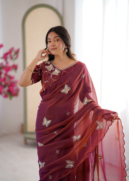 Rust Heavy Fendy satin With Butterfly Embroidered Beads Work saree With Unstitched Blouse