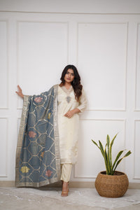 Beautiful Embroidery Viscose Chanderi Fabric Straight Kurta Pant with Dupatta Set