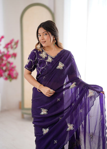 Purple Heavy Fendy satin With Butterfly Embroidered Beads Work saree With Unstitched Blouse