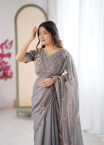 Grey Heavy Fendy satin With Birds Embroidered Beads Work saree With Unstitched Blouse