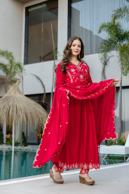 Women's Beautiful Vichitra Silk Fabric Embroidery Work Flared Anarkali Pant and Dupatta Set Red