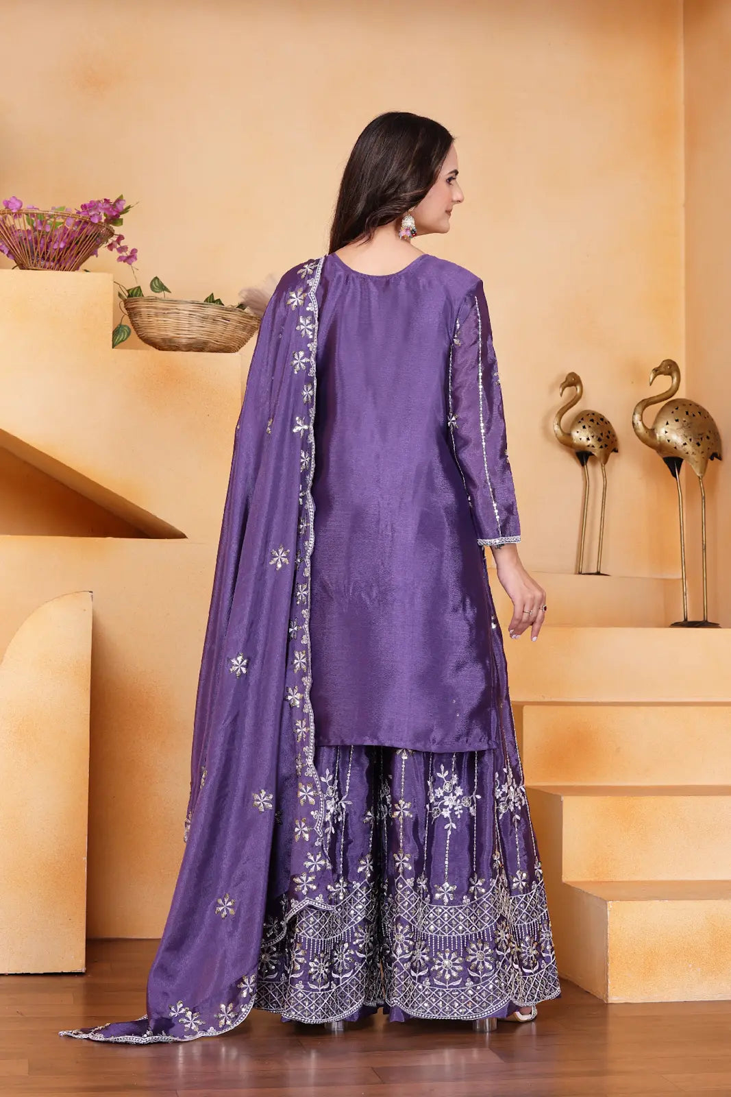 Women's Gorgeous Embroidery Work Chinon Fabric Straight Kurta Sharara and Dupatta Set 11