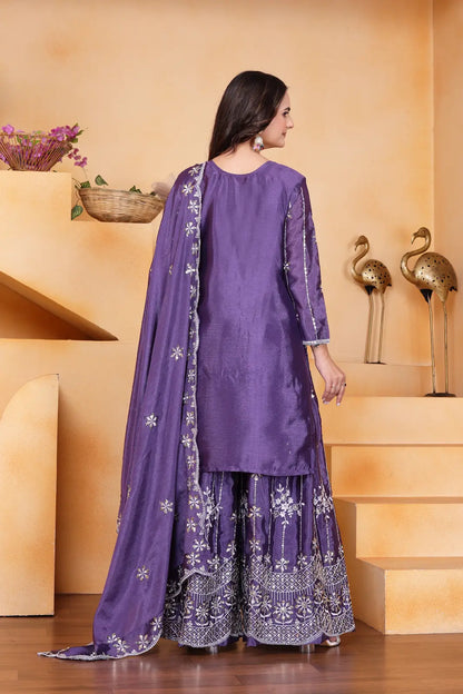 Women's Gorgeous Embroidery Work Chinon Fabric Straight Kurta Sharara and Dupatta Set 11