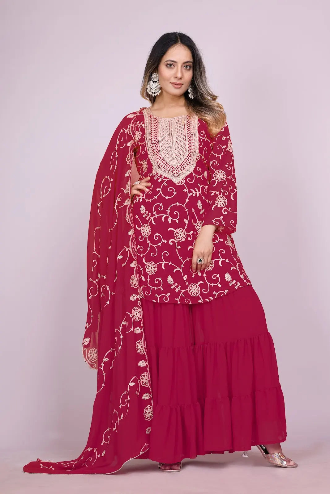Women's Fox Georgette fabric Embroidery work Kurta with Sharara and Dupatta set 71 Rose