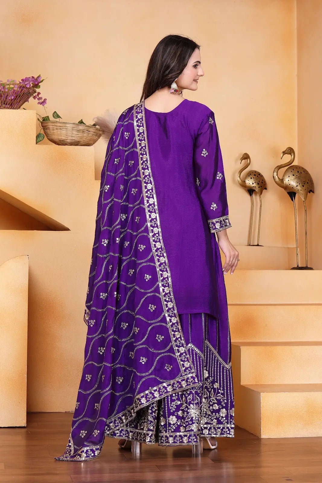 Women's Gorgeous Embroidery Work Chinon Silk Fabric Straight Kurta Sharara and Dupatta Set
