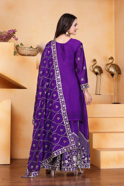 Women's Gorgeous Embroidery Work Chinon Silk Fabric Straight Kurta Sharara and Dupatta Set