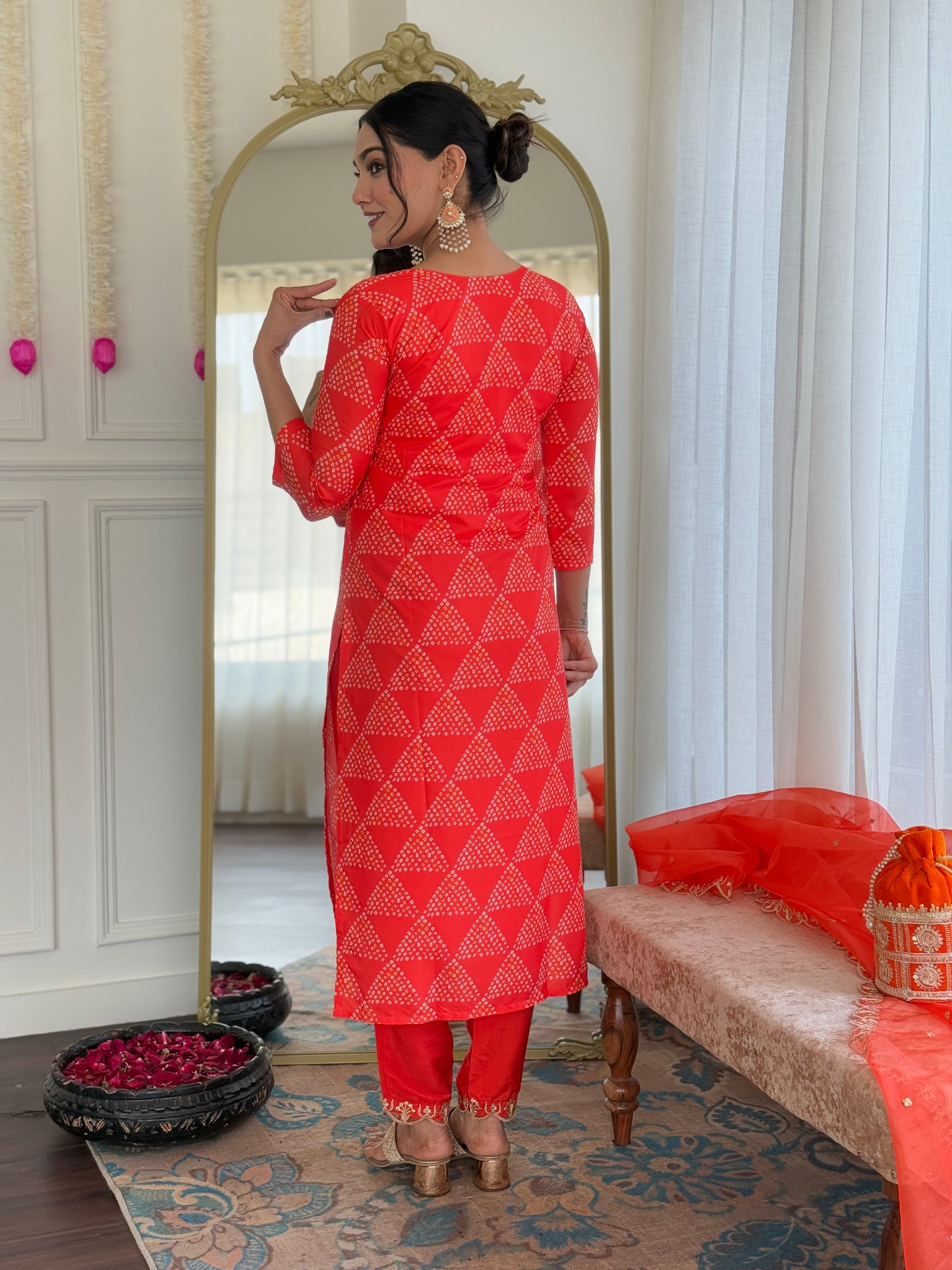 Red French Crepe Fabric Straight Kurta, Pant and Dupatta Set