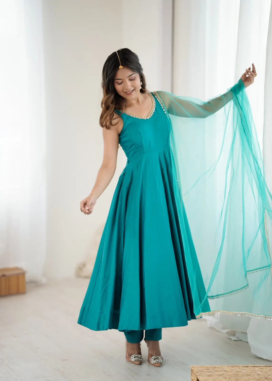 Women's Beautiful Roman Silk Chanderi Fabric Flared Anarkali Pant and Dupatta Set 285