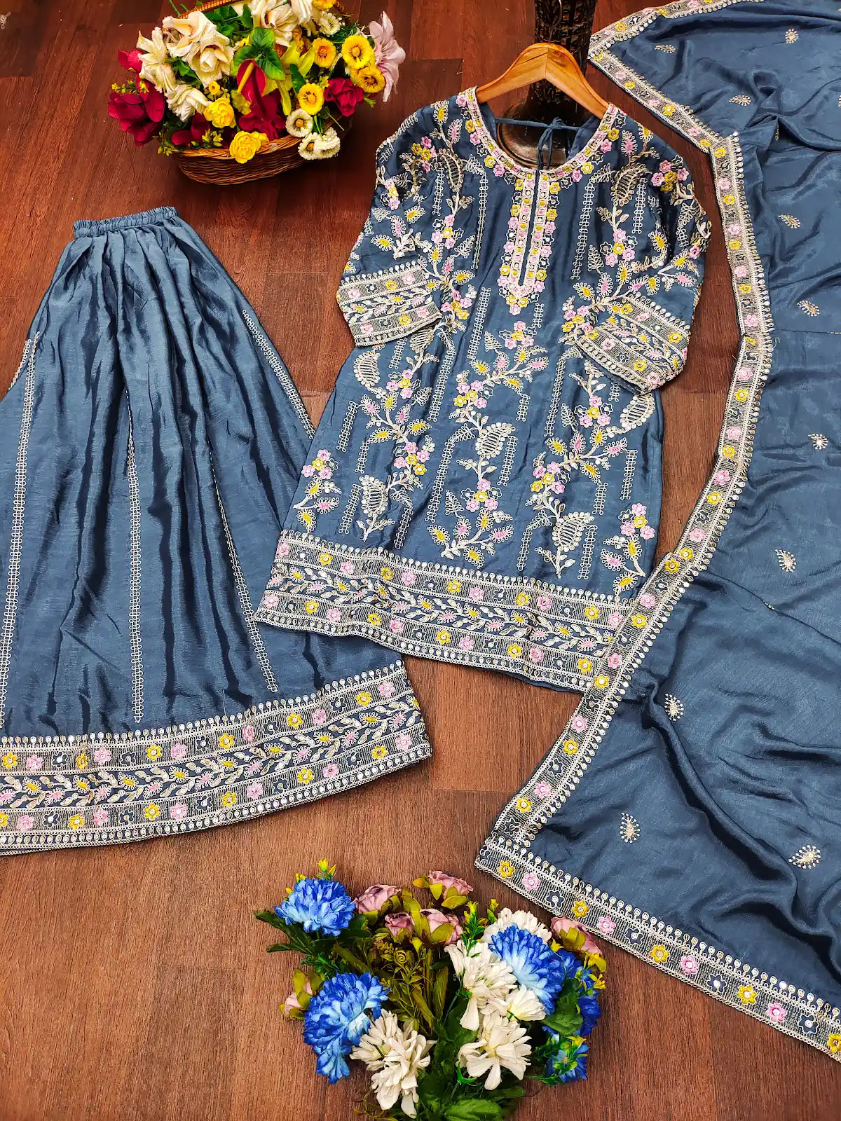 Women's Chinon fabric Embroidery work Kurta with Sharara and Dupatta set 76