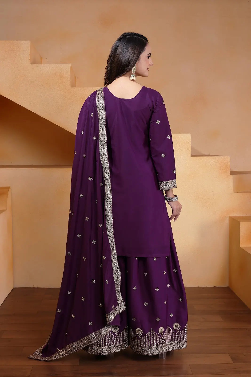 Women's Gorgeous Embroidery Work Natural Crep Fabric Straight Kurta Sharara and Dupatta Set