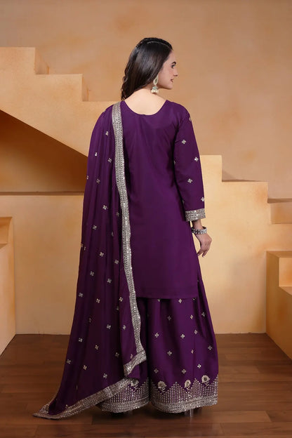 Women's Gorgeous Embroidery Work Natural Crep Fabric Straight Kurta Sharara and Dupatta Set