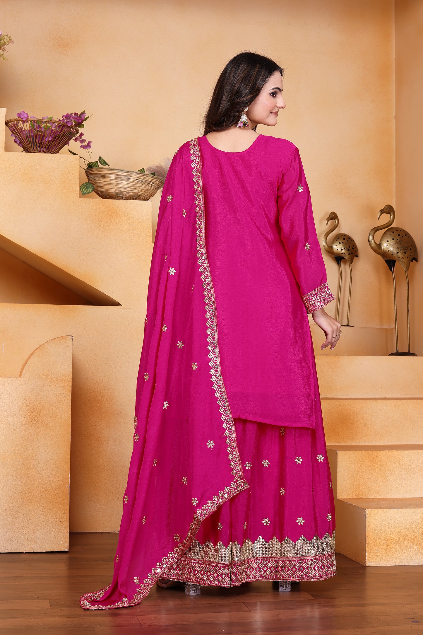 Women's Gorgeous Embroidery Work Chinon Fabric Straight Kurta Sharara and Dupatta Set 117