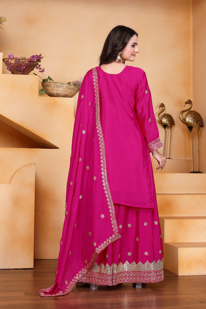 Women's Gorgeous Embroidery Work Chinon Fabric Straight Kurta Sharara and Dupatta Set 117