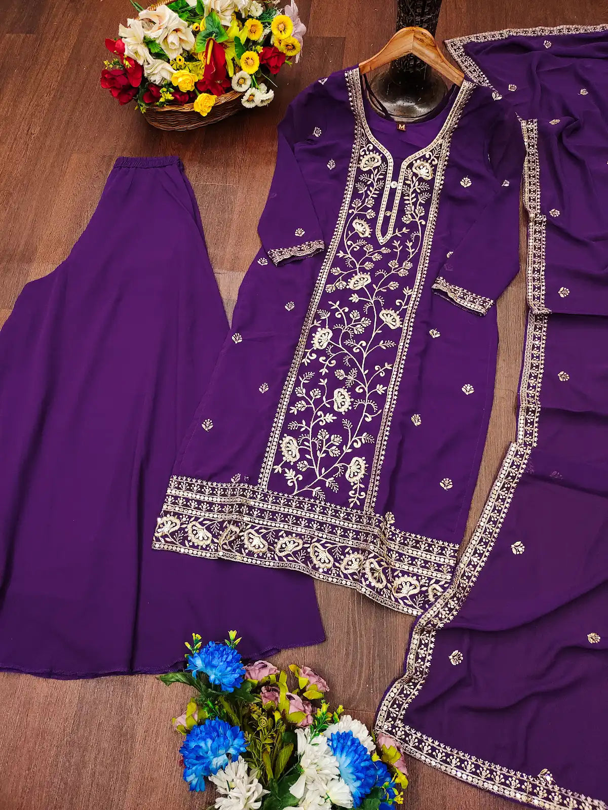 Women's Fox Georgette fabric Embroidery work Kurta with Sharara and Dupatta set 82