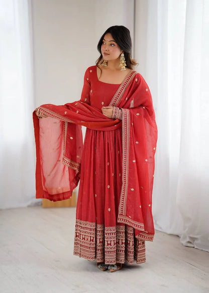 Women's Beautiful Embroidery Work Crunchy Silk Fabric Flared Anarkali and Dupatta Set