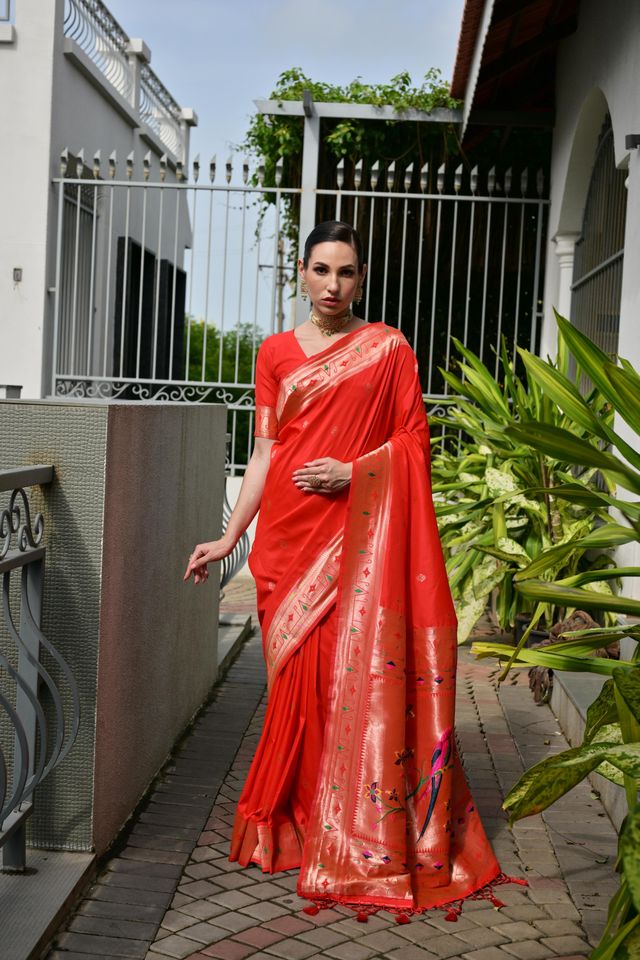Orange Color Banarasi Silk Fabric Designer Partywear Saree