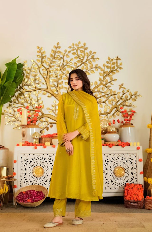 Mustard Color Beautiful Viscose Satin Fabric Designer Ceremonial Readymade Suit