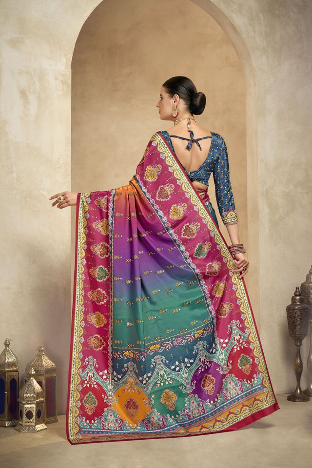 Graceful Ethnic Multy Color Bollywood Style Crepe Silk Designer Digital Foil Printed Saree