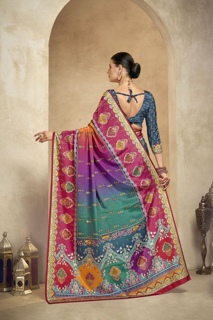 Graceful Ethnic Multy Color Bollywood Style Crepe Silk Designer Digital Foil Printed Saree