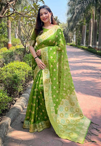 Mahendi Color Organza Fabric Woven Designer Ceremonial Partywear Saree