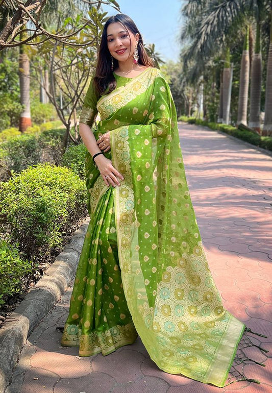 Mahendi Color Organza Fabric Woven Designer Ceremonial Partywear Saree