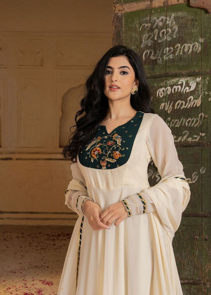 Off White Color Georgette Fabric Designer Embroidered Partywear Gown For Girlie Looks