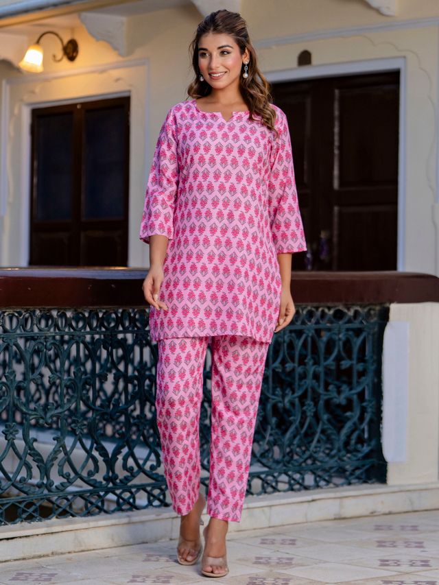 Pink Color Smart Cotton Blend Fabric Designer Printed Smart Co-ord Set