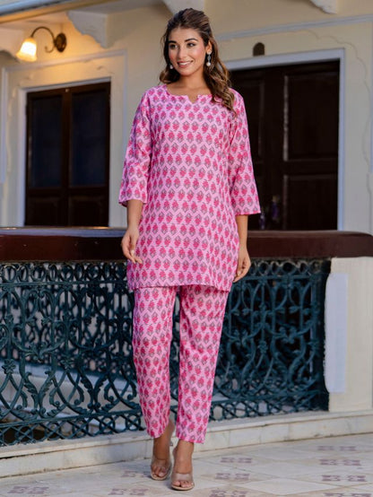 Pink Color Smart Cotton Blend Fabric Designer Printed Smart Co-ord Set