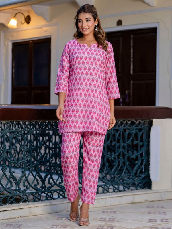 Pink Color Smart Cotton Blend Fabric Designer Printed Smart Co-ord Set