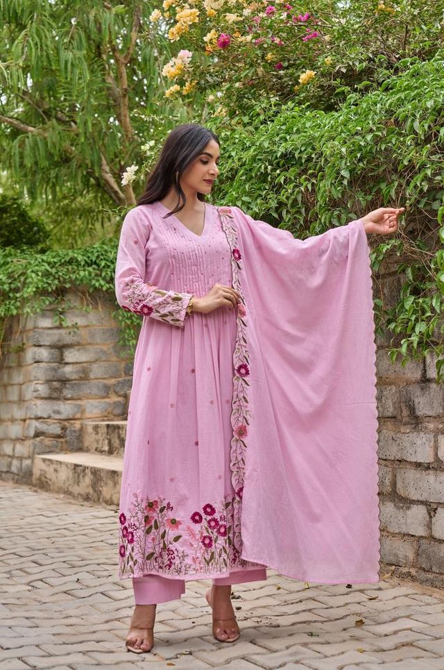 Pink Color Chanderi Fabric Designer Embroidered Readymade Suit