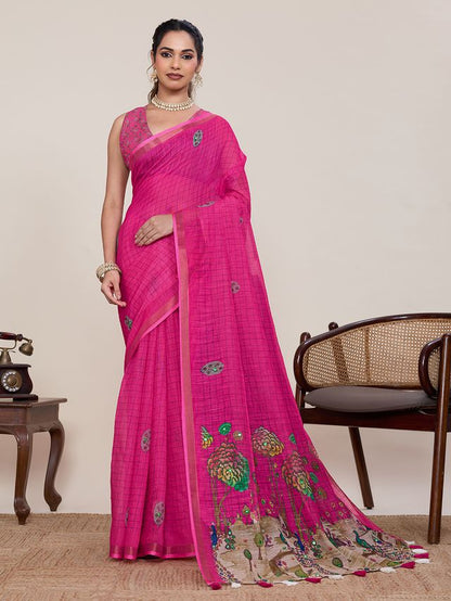 Pink Color Linen Silk Fabric Ethnic Partywear Saree