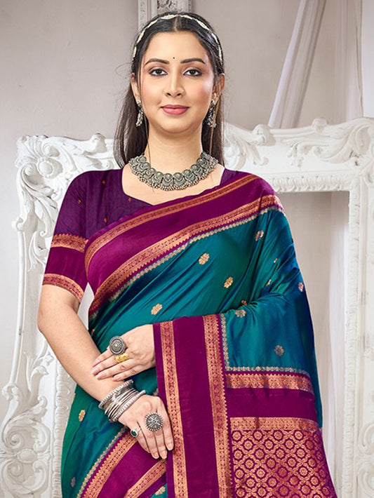 Teal Blue Color Silk Blended Woven Designer Ethnic Partywear Saree