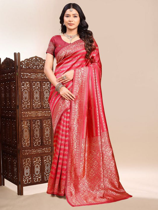Red Color Ethnic Lichi Silk Fabric Graceful Woven Designer Saree