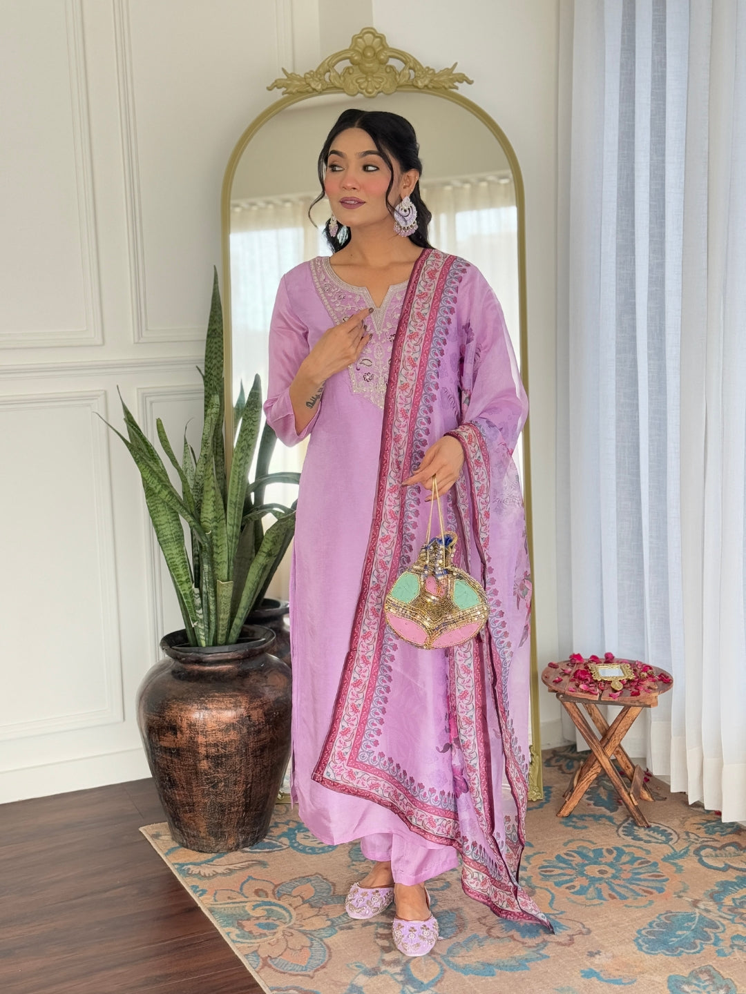 Women's Gorgeous Rayon Embroidery work Straight Kurta with Pant and Dupatta Set
