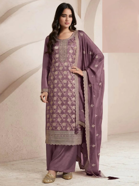 Purple Viscose Muslin Semi Stitched Suit with Sequence & Zari Work