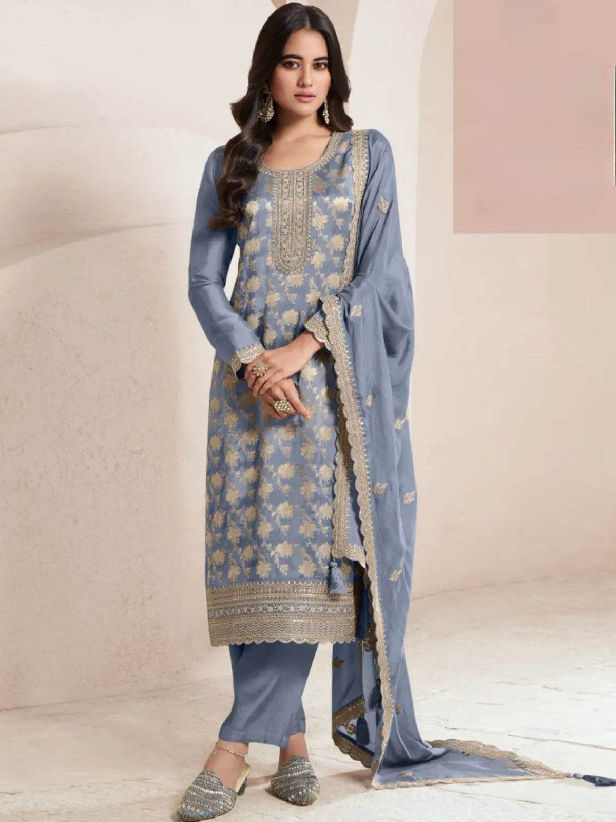 Blue Viscose Muslin Semi Stitched Suit with Sequence & Zari Work