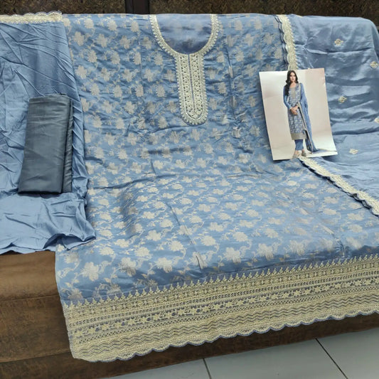 Blue Viscose Muslin Semi Stitched Suit with Sequence & Zari Work
