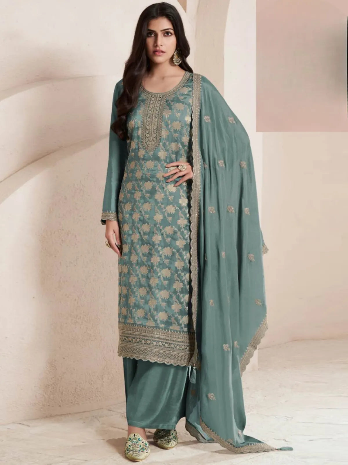 Sky Blue Viscose Muslin Semi Stitched Suit with Sequence & Zari Work