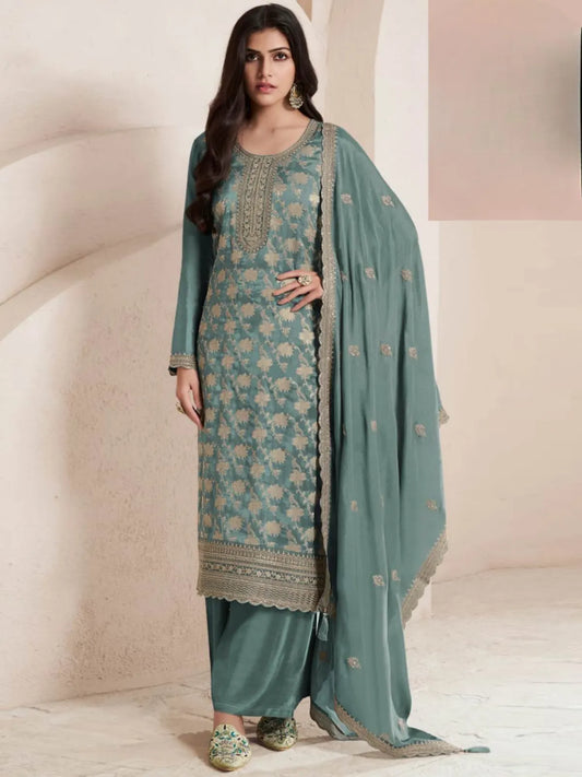 Sky Blue Viscose Muslin Semi Stitched Suit with Sequence & Zari Work