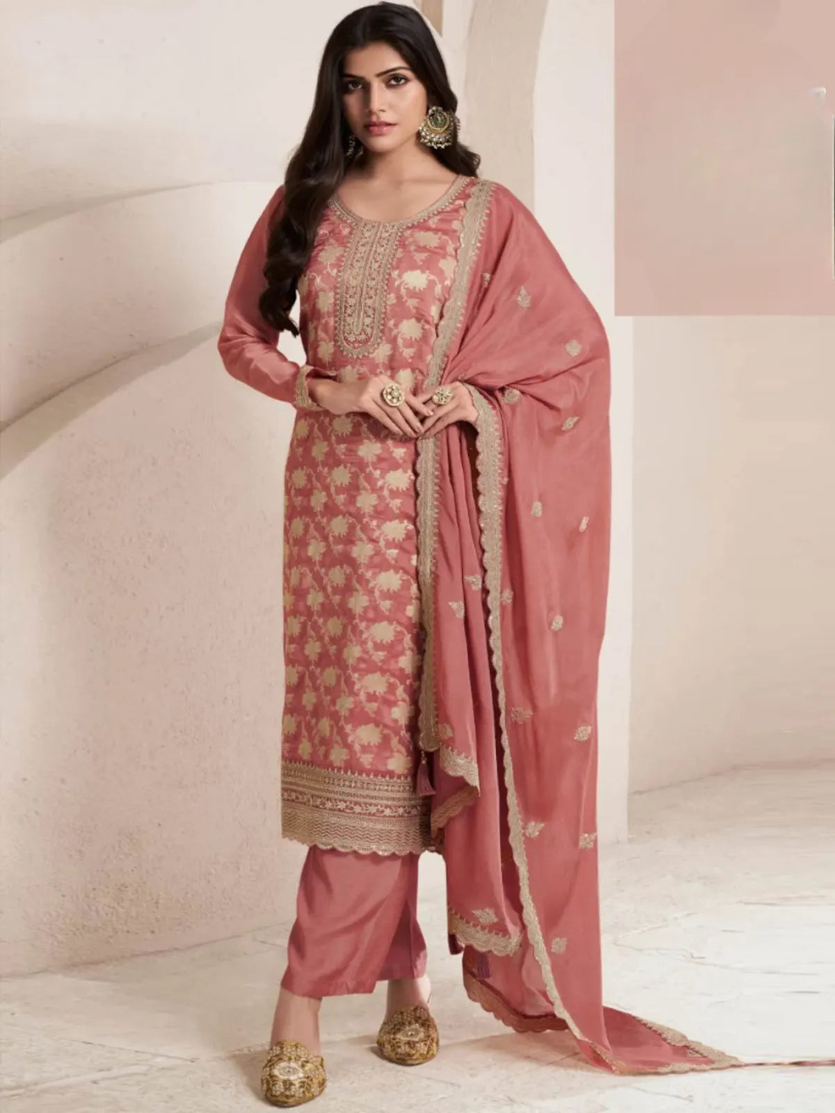 Peach Viscose Muslin Semi Stitched Suit with Sequence & Zari Work