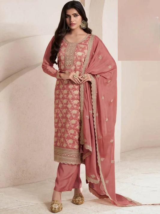 Peach Viscose Muslin Semi Stitched Suit with Sequence & Zari Work