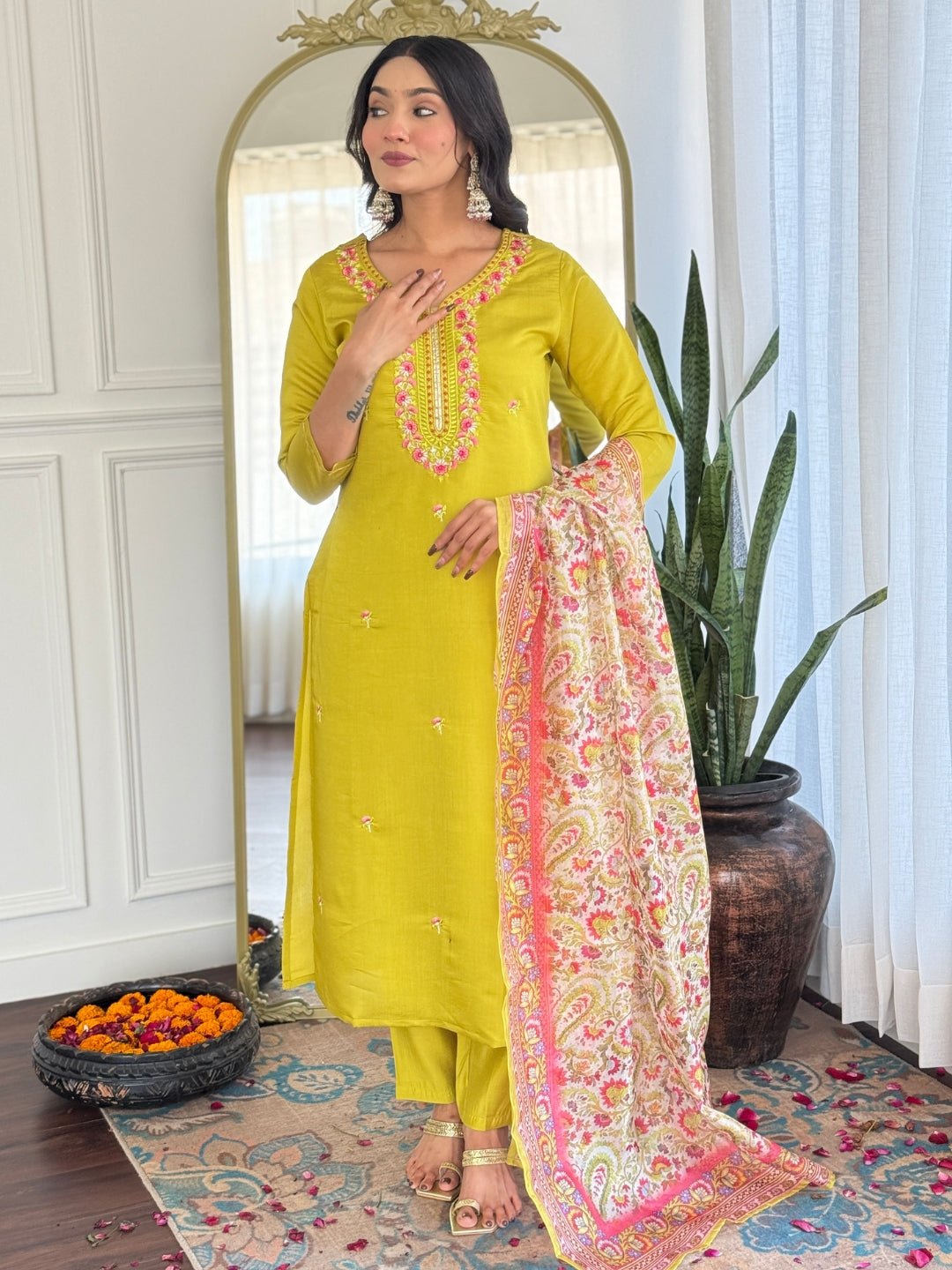 Women's Gorgeous Rayon Embroidery work Straight Kurta with Pant and Dupatta Set